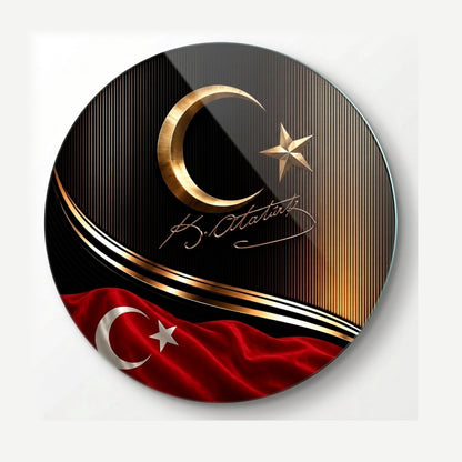 Atatürk İmzalı ve Ay Yıldızlı Lüks Yuvarlak Cam Tablo