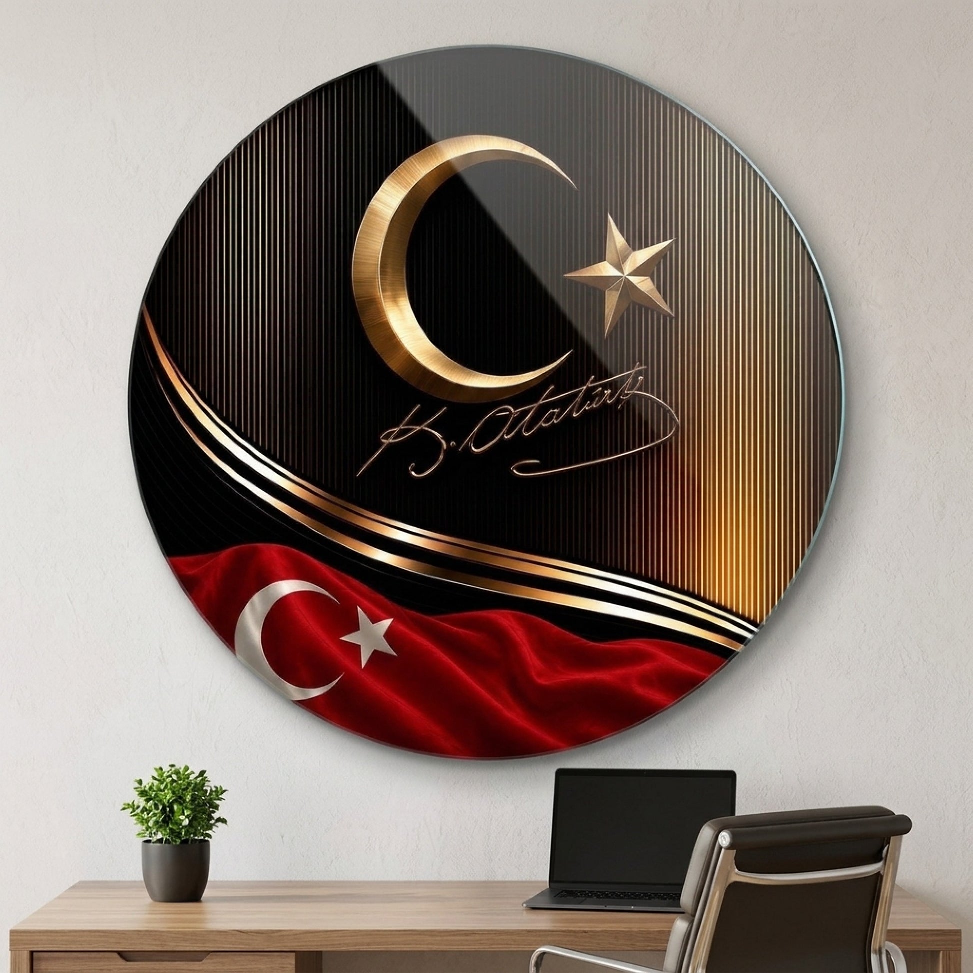 Atatürk İmzalı ve Ay Yıldızlı Lüks Yuvarlak Cam Tablo