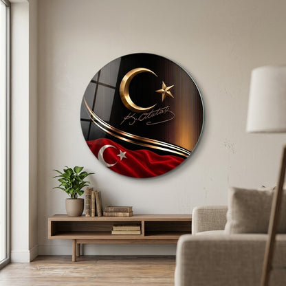 Atatürk İmzalı ve Ay Yıldızlı Lüks Yuvarlak Cam Tablo