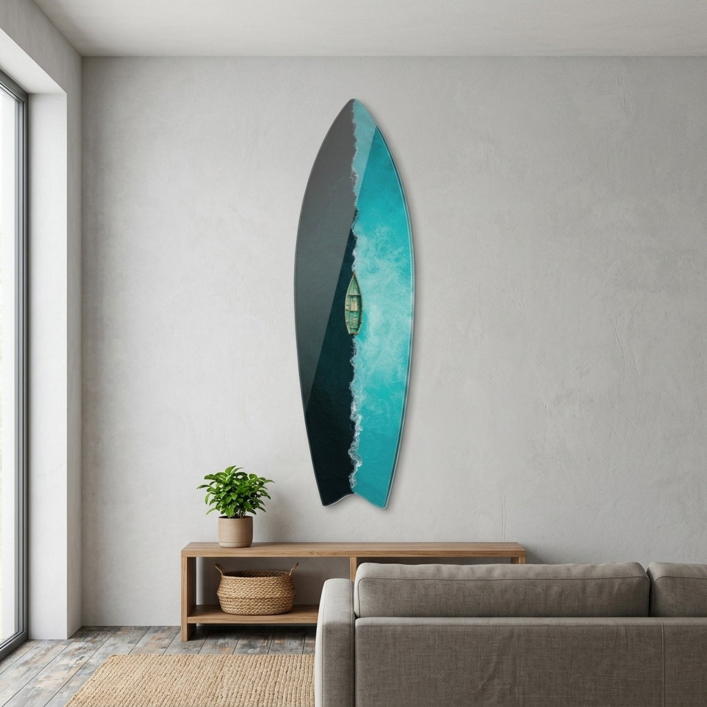 Koyu Turkuaz Deniz Kontrastı Tekne Manzarası Surf Board Cam Tablo