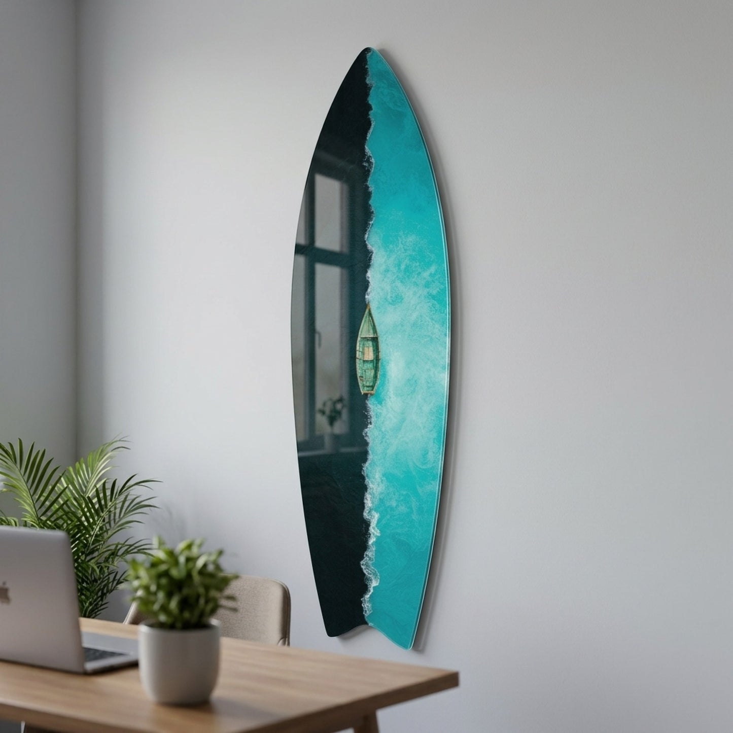 Koyu Turkuaz Deniz Kontrastı Tekne Manzarası Surf Board Cam Tablo