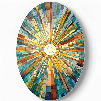 Renkli Geometrik Vitray Güneş Deseni Oval Dikey Cam Tablo