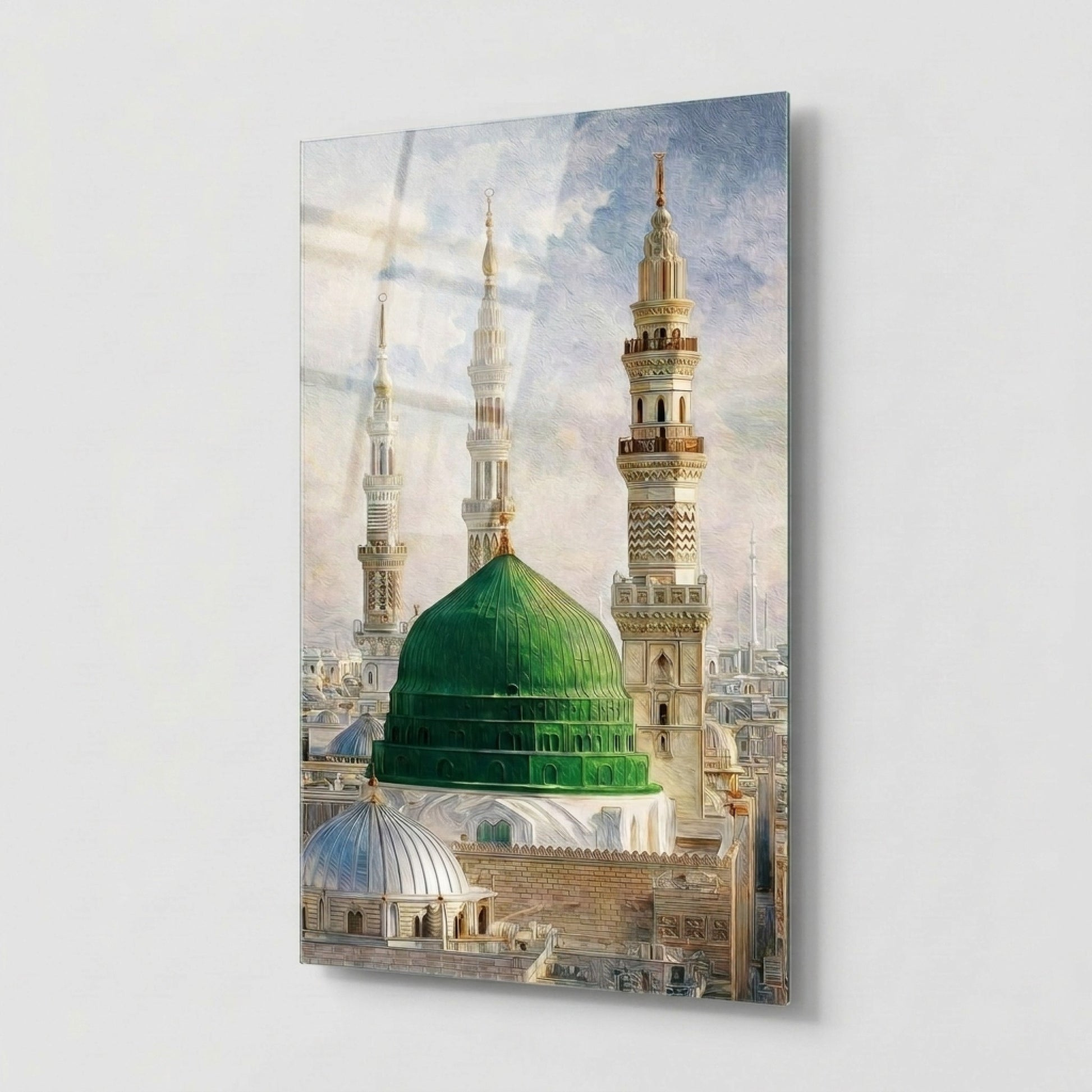 Medine Yeşil Kubbe ve Minareler Yağlı Boya Dikey Cam Tablo