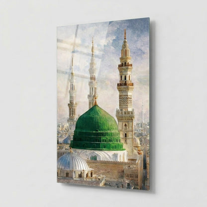 Medine Yeşil Kubbe ve Minareler Yağlı Boya Dikey Cam Tablo