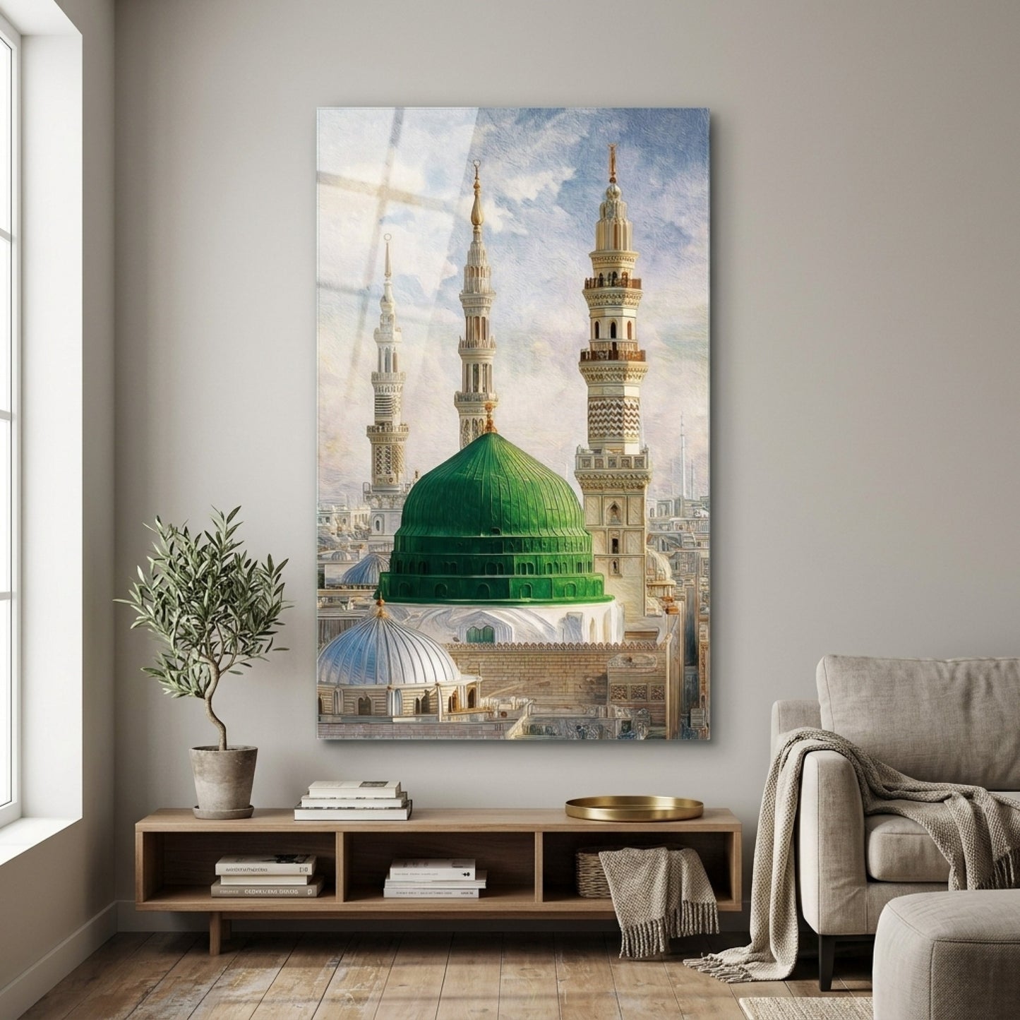 Medine Yeşil Kubbe ve Minareler Yağlı Boya Dikey Cam Tablo