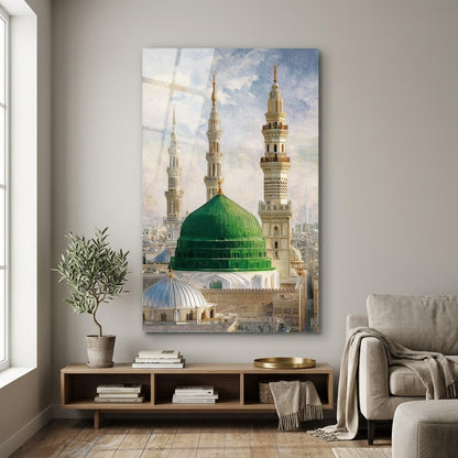 Medine Yeşil Kubbe ve Minareler Yağlı Boya Dikey Cam Tablo