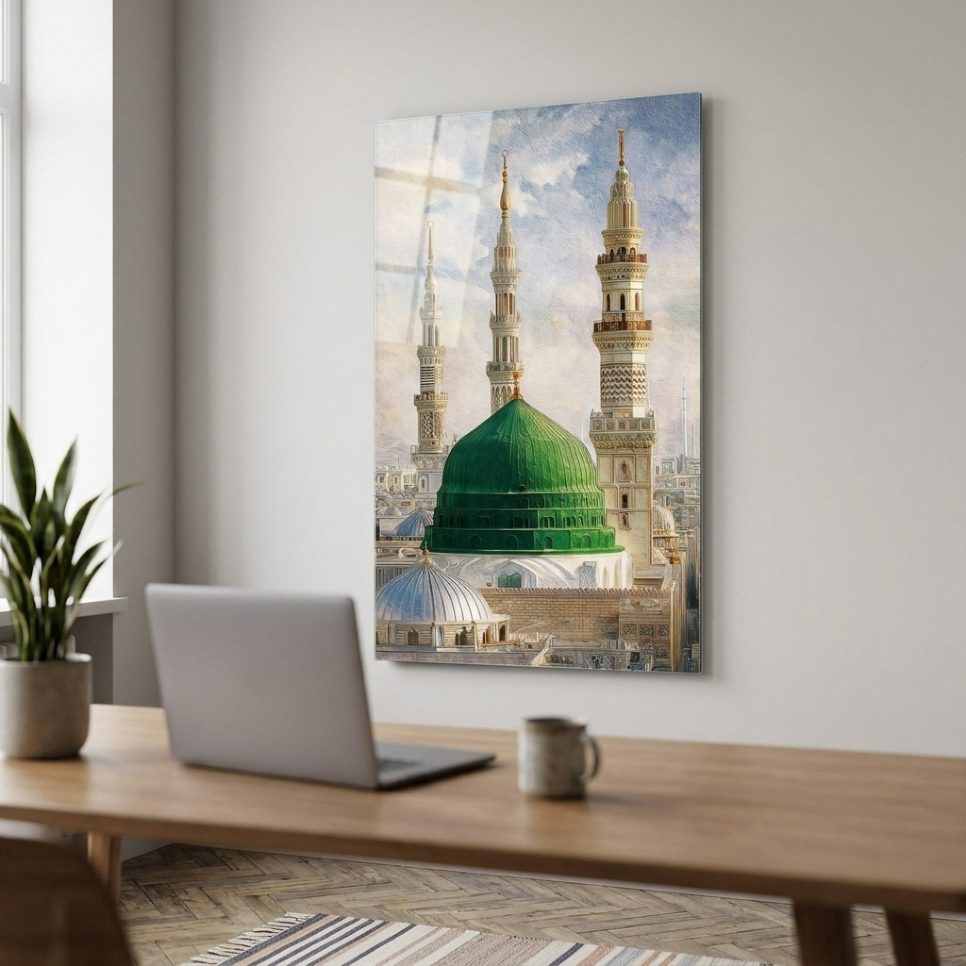 Medine Yeşil Kubbe ve Minareler Yağlı Boya Dikey Cam Tablo