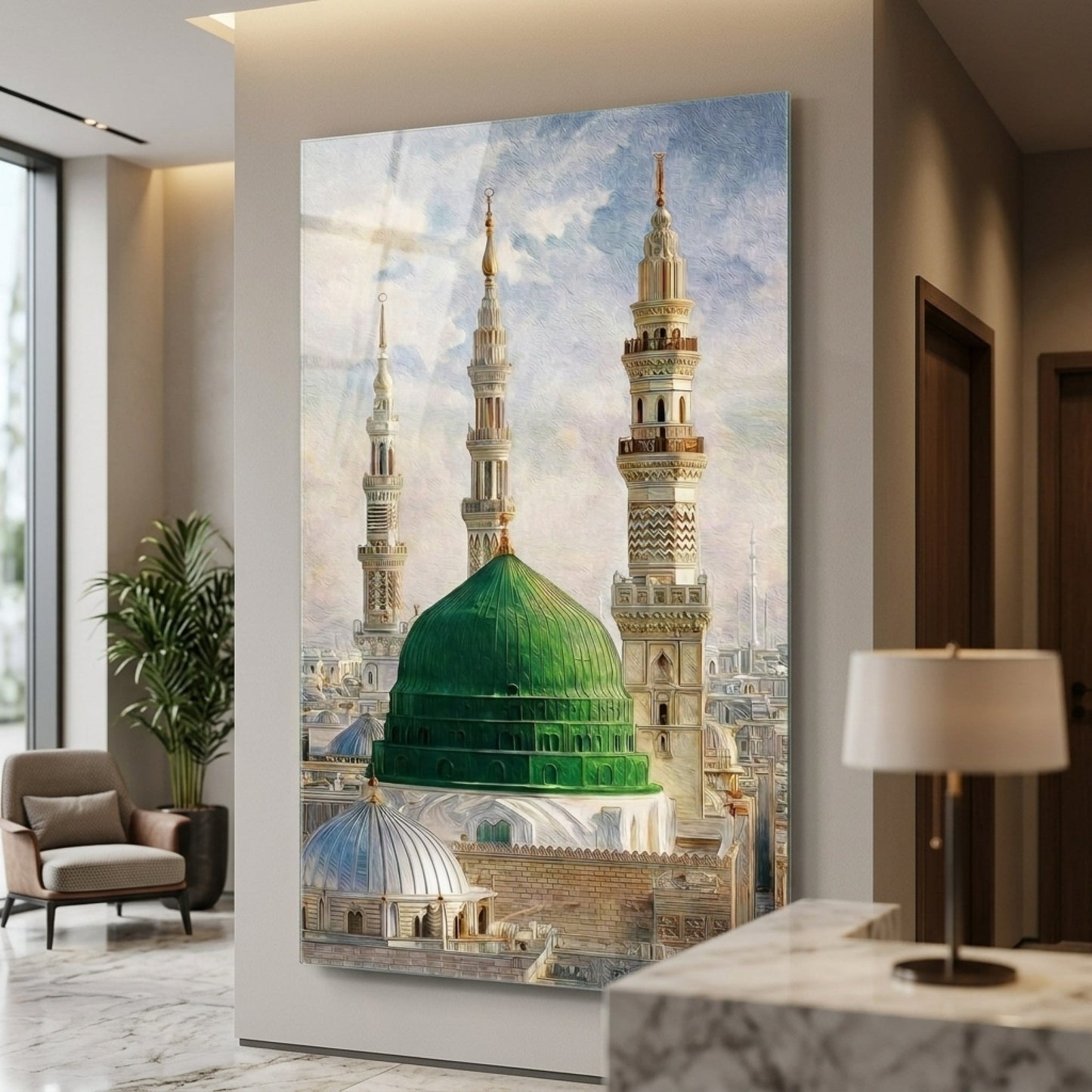 Medine Yeşil Kubbe ve Minareler Yağlı Boya Dikey Cam Tablo