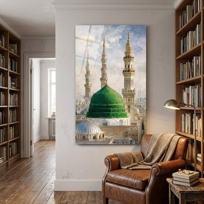 Medine Yeşil Kubbe ve Minareler Yağlı Boya Dikey Cam Tablo