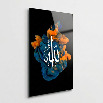 Allah Yazılı Soyut Renkli Dikey Cam Tablo
