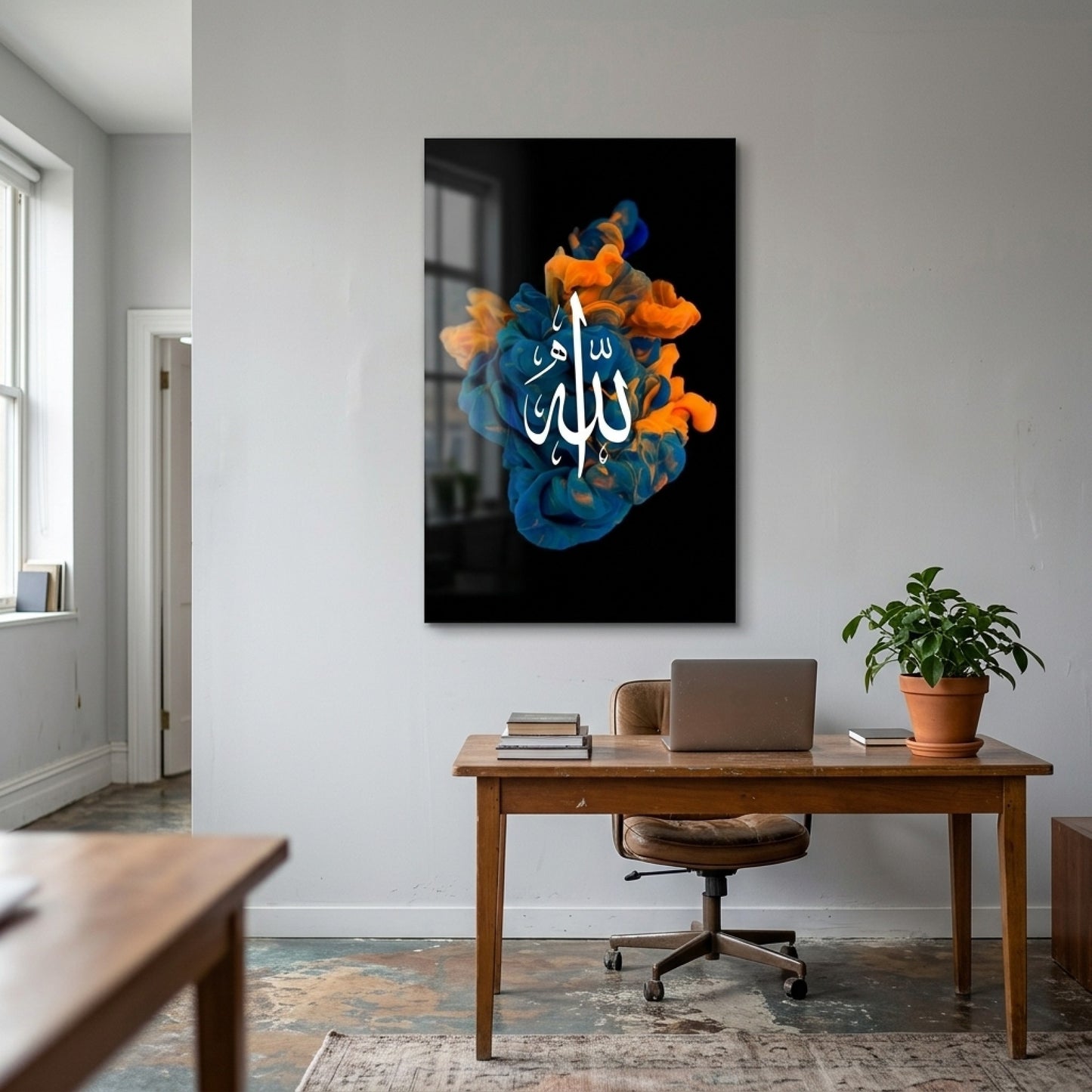 Allah Yazılı Soyut Renkli Dikey Cam Tablo