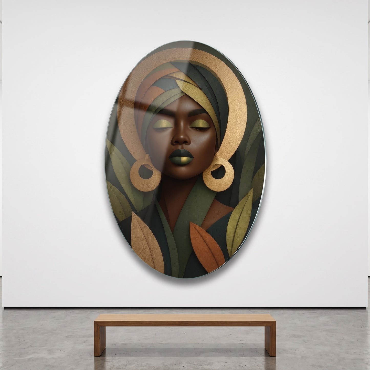 Afrikalı Kadın Portresi Altın Detaylı Botanik Sanat Oval Dikey Cam Tablo