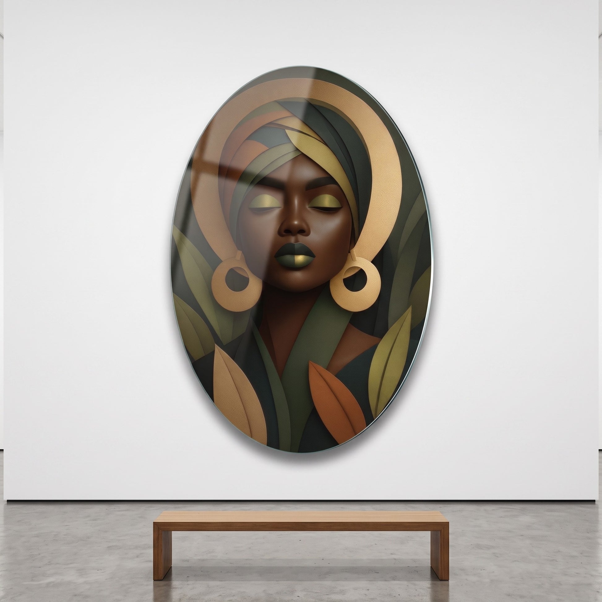 Afrikalı Kadın Portresi Altın Detaylı Botanik Sanat Oval Dikey Cam Tablo
