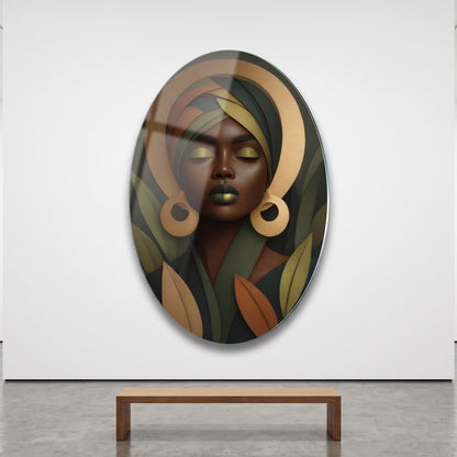 Afrikalı Kadın Portresi Altın Detaylı Botanik Sanat Oval Dikey Cam Tablo