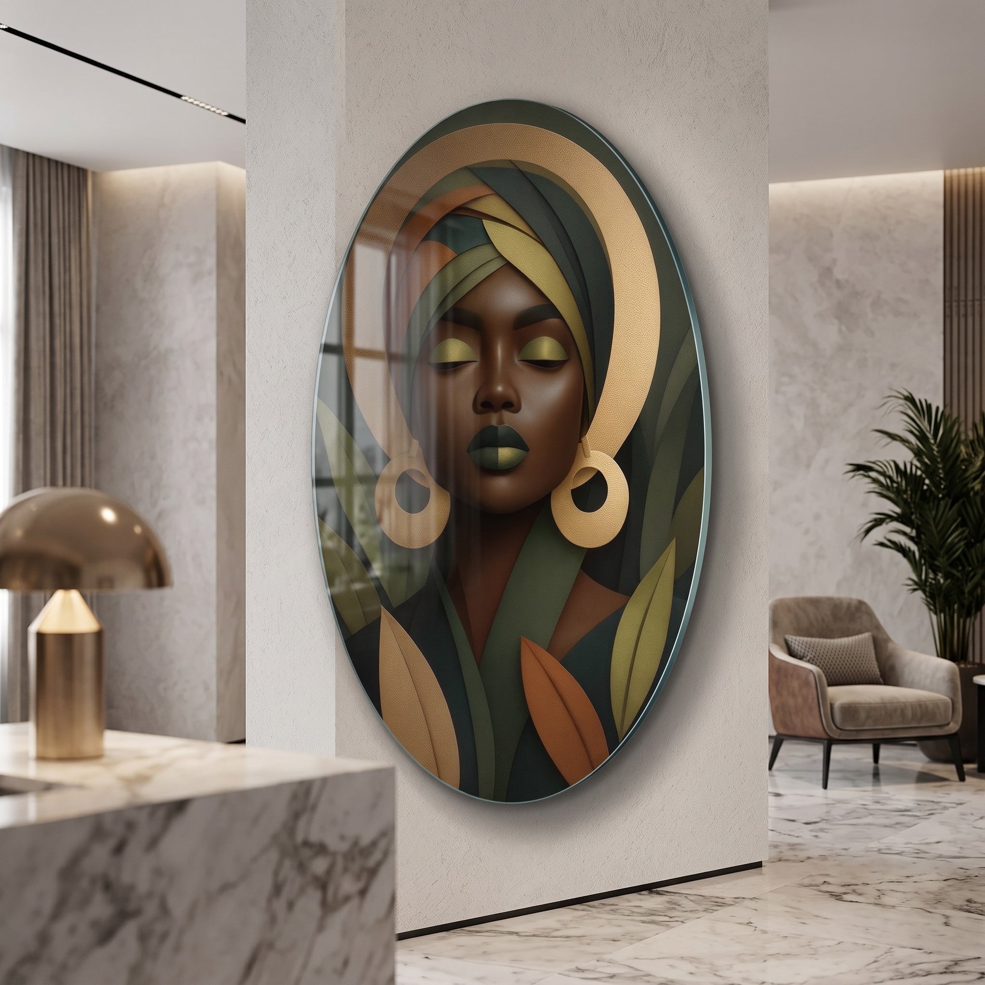 Afrikalı Kadın Portresi Altın Detaylı Botanik Sanat Oval Dikey Cam Tablo