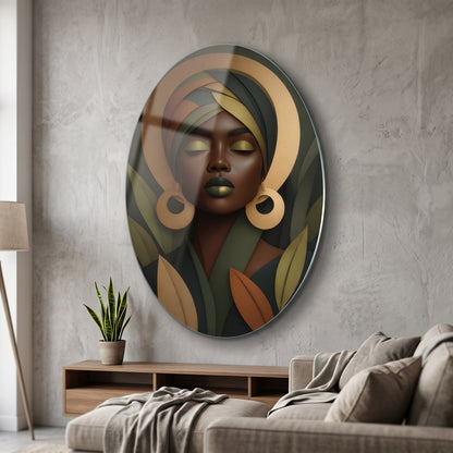 Afrikalı Kadın Portresi Altın Detaylı Botanik Sanat Oval Dikey Cam Tablo