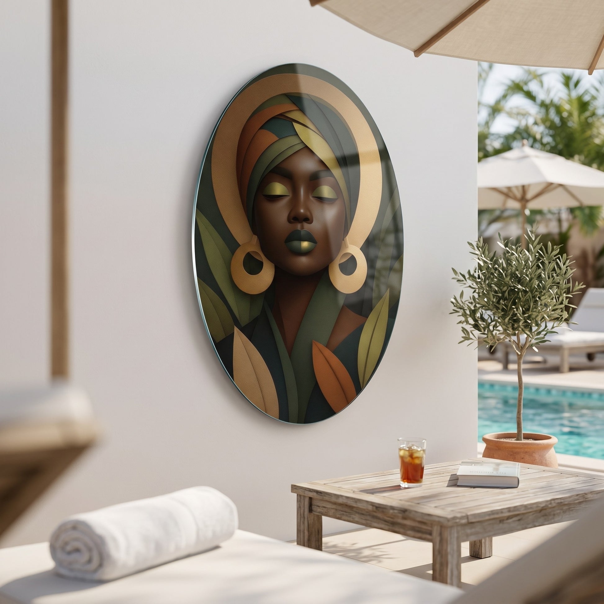 Afrikalı Kadın Portresi Altın Detaylı Botanik Sanat Oval Dikey Cam Tablo