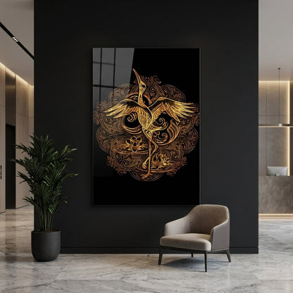 Etnik Altın Turna Kuşu Mandala Deseni Dikey Cam Tablo