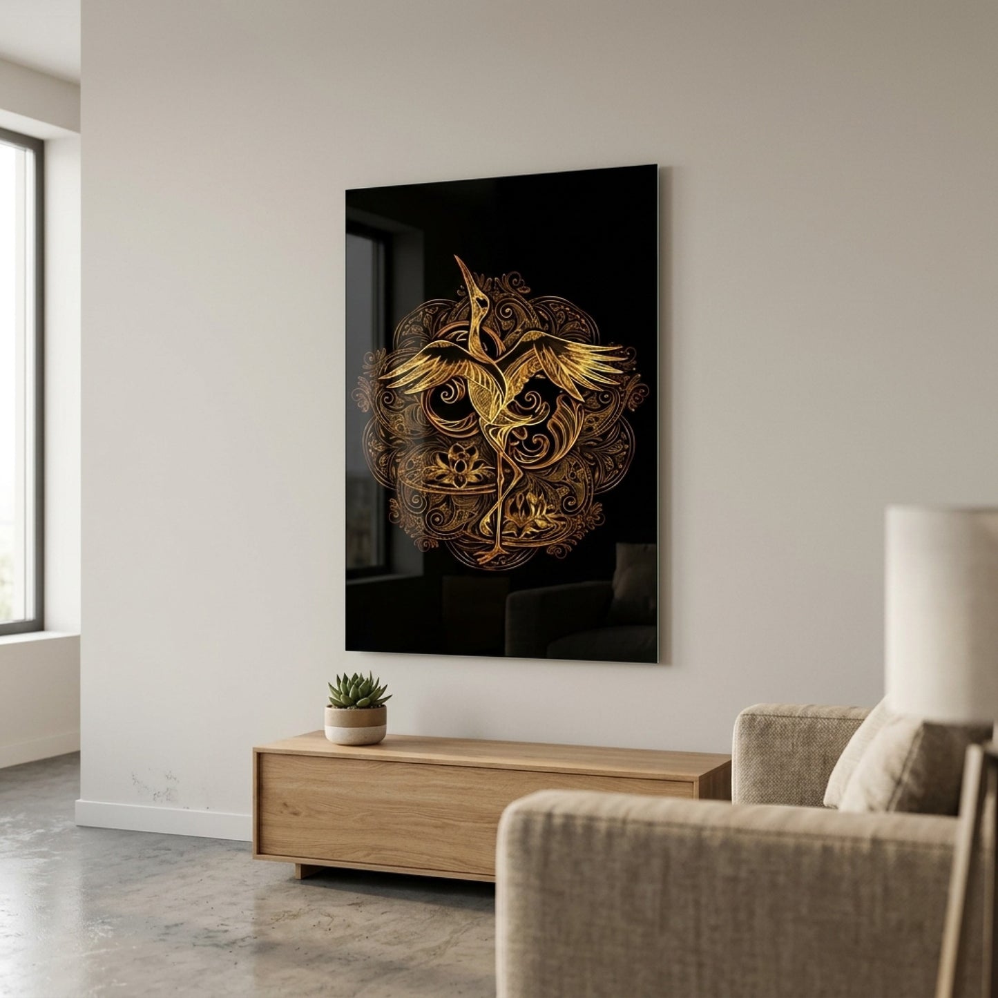Etnik Altın Turna Kuşu Mandala Deseni Dikey Cam Tablo
