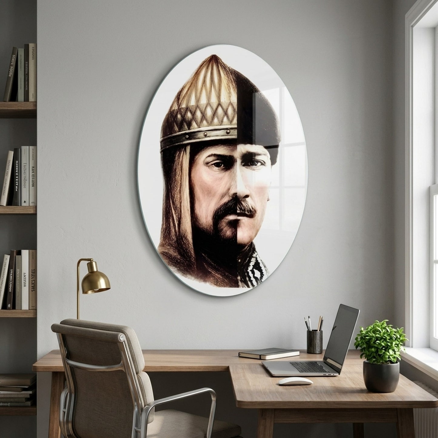 Tarihi ve Modern Portre Desen Calismasi Oval Dikey Cam Tablo