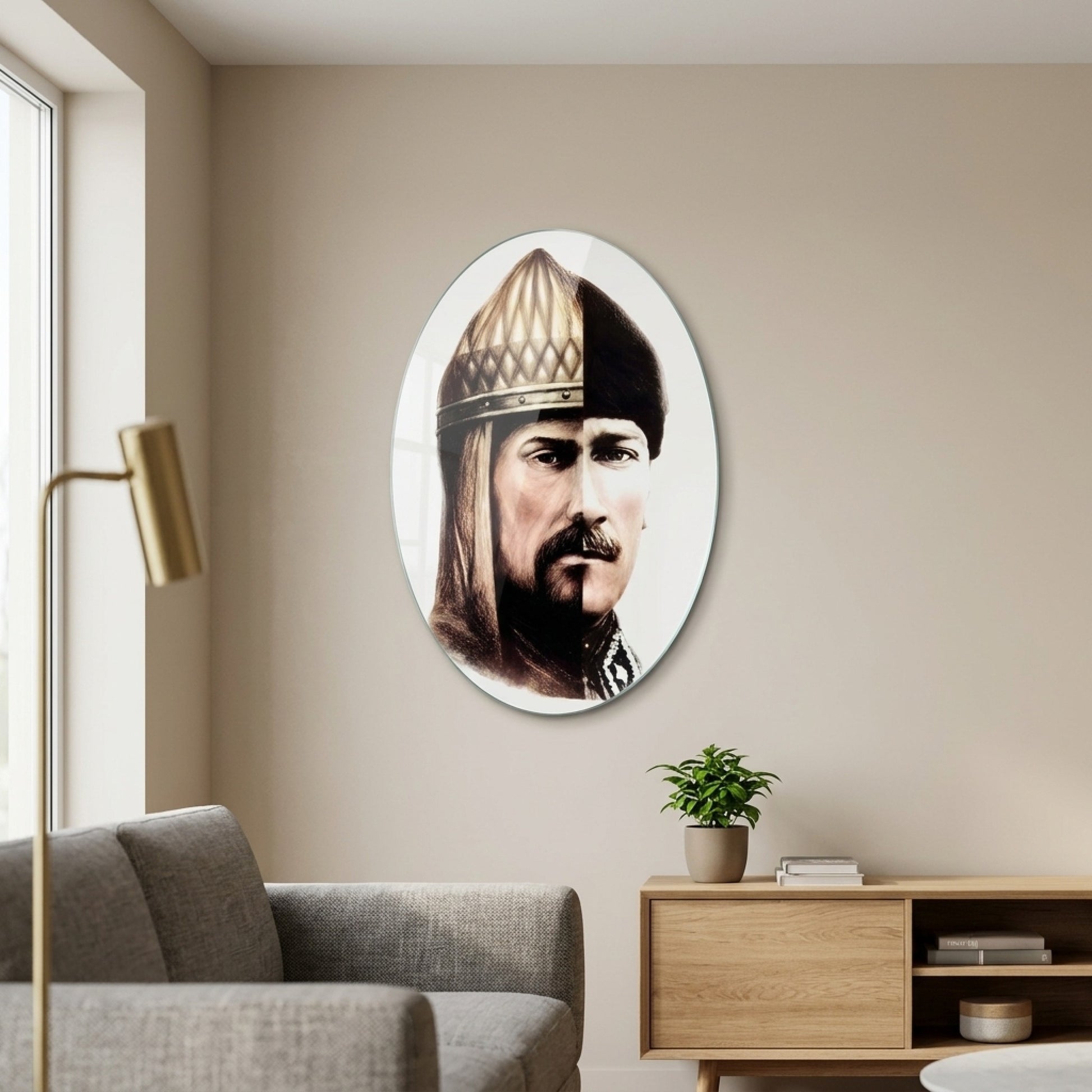 Tarihi ve Modern Portre Desen Calismasi Oval Dikey Cam Tablo