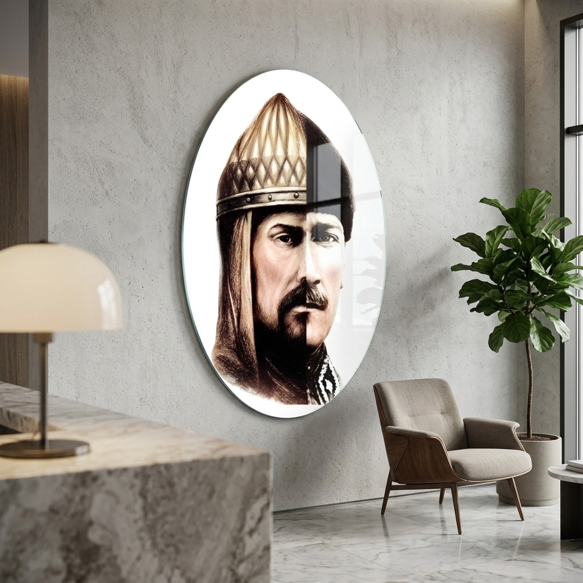 Tarihi ve Modern Portre Desen Calismasi Oval Dikey Cam Tablo