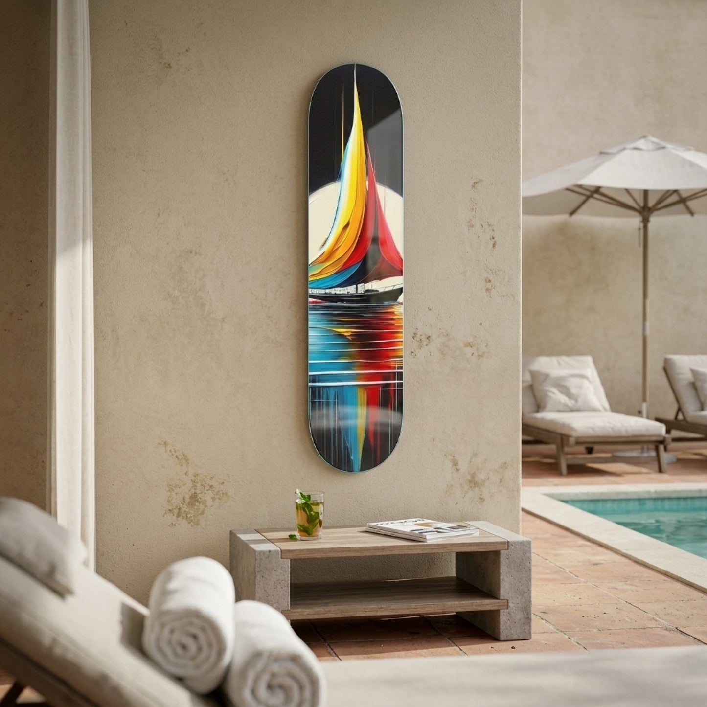 Modern Renkli Yelkenli Tekne Sanat Skate Board Cam Tablo