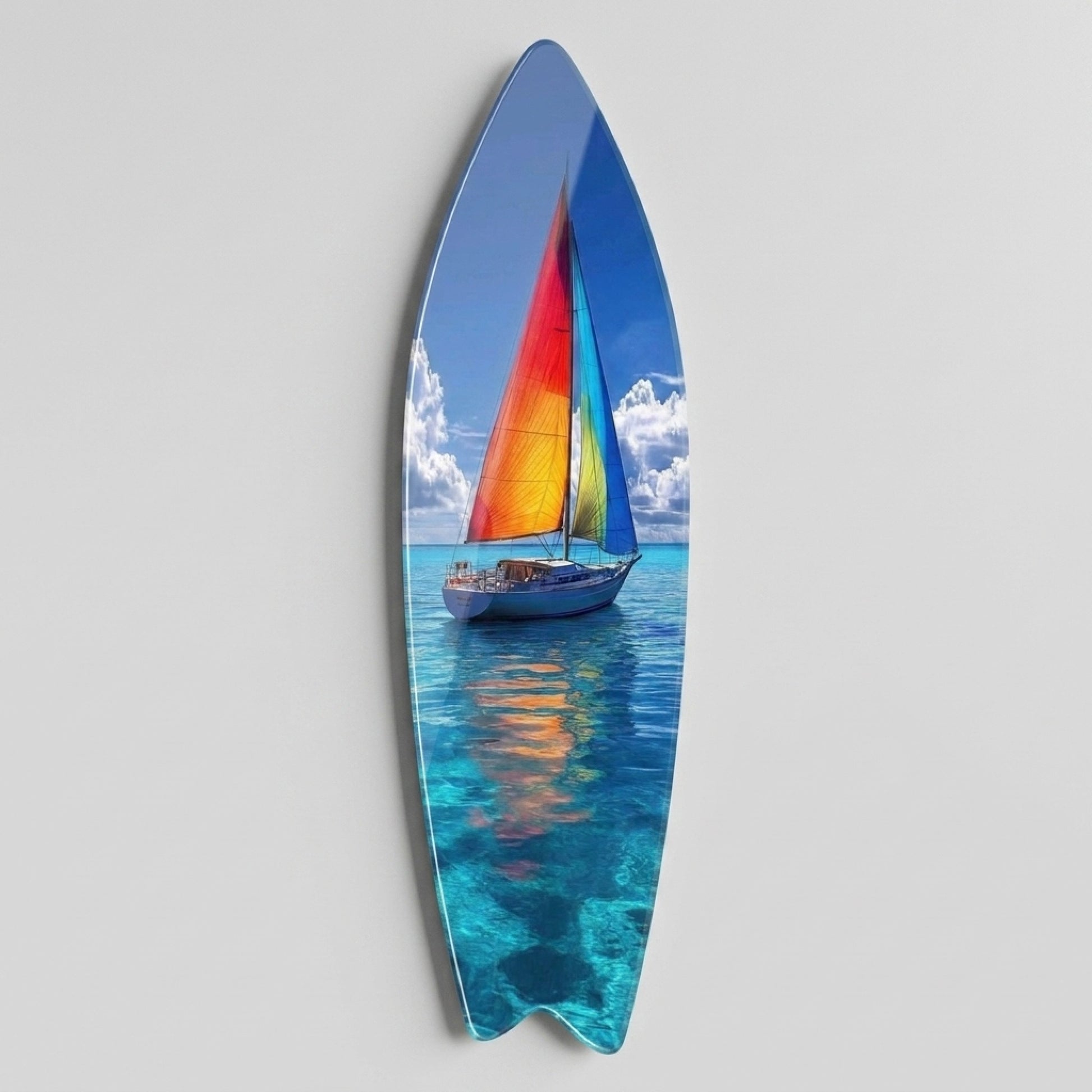 Renkli Yelkenli Turkuaz Deniz Manzarası Surf Board Cam Tablo