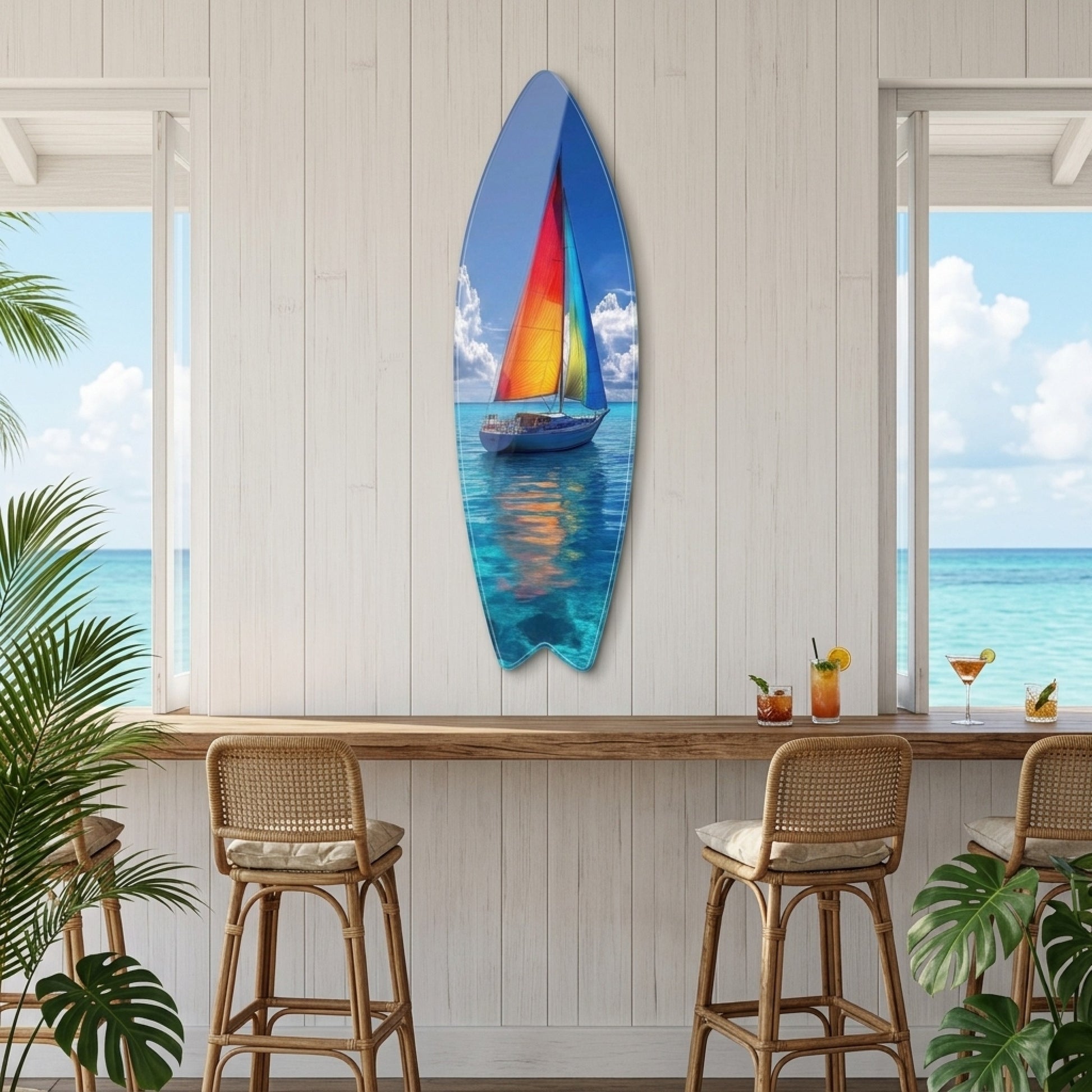 Renkli Yelkenli Turkuaz Deniz Manzarası Surf Board Cam Tablo