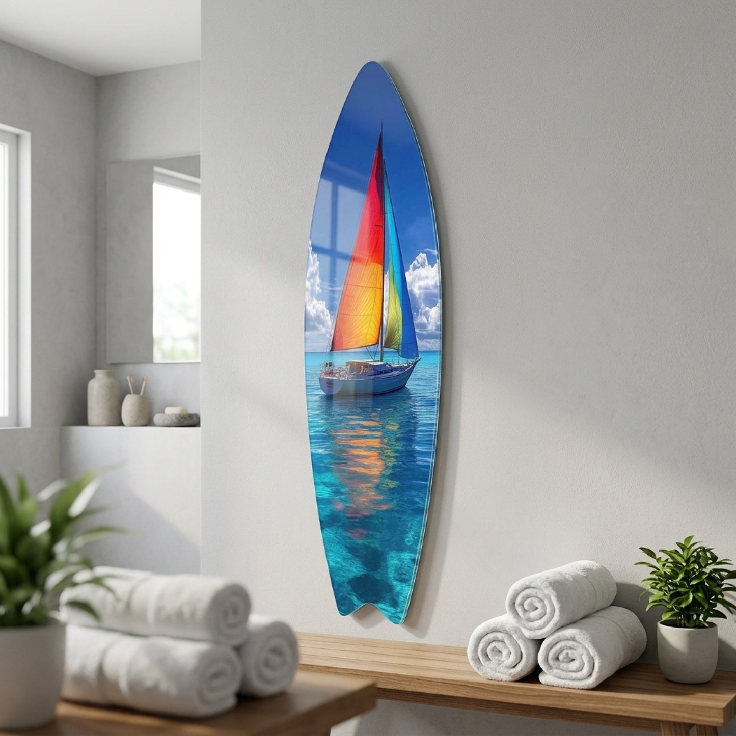 Renkli Yelkenli Turkuaz Deniz Manzarası Surf Board Cam Tablo