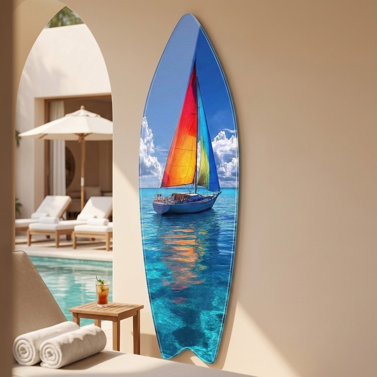 Renkli Yelkenli Turkuaz Deniz Manzarası Surf Board Cam Tablo