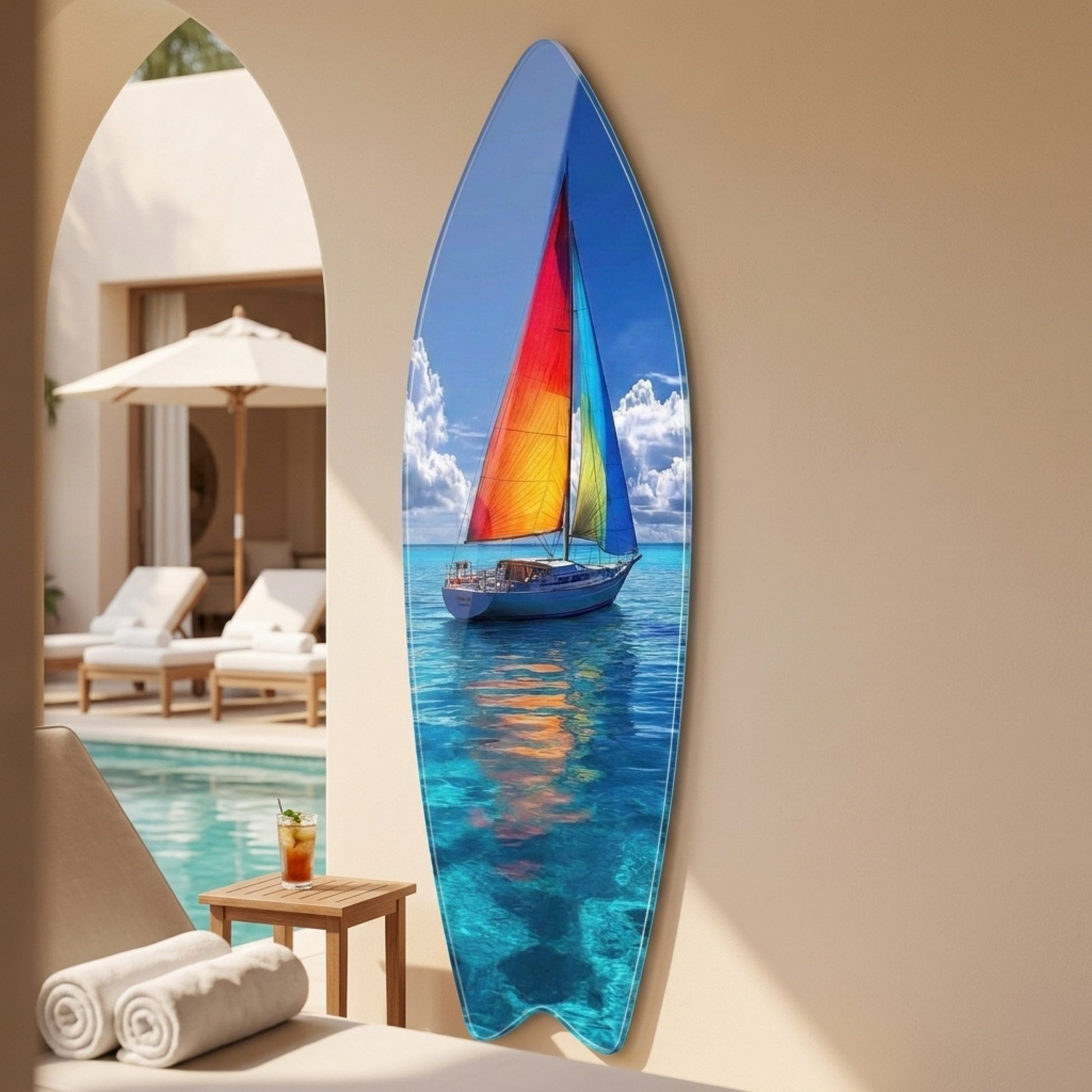 Renkli Yelkenli Turkuaz Deniz Manzarası Surf Board Cam Tablo