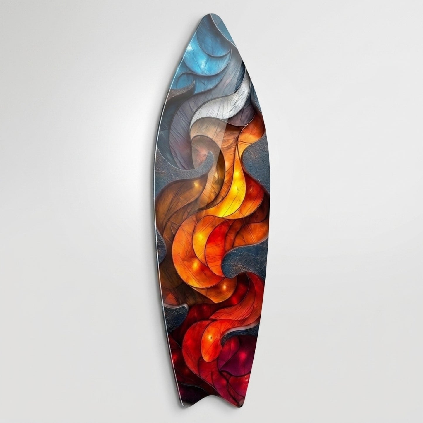 Ateş ve Su Soyut Işıklı Kıvrımlar Surf Board Cam Tablo
