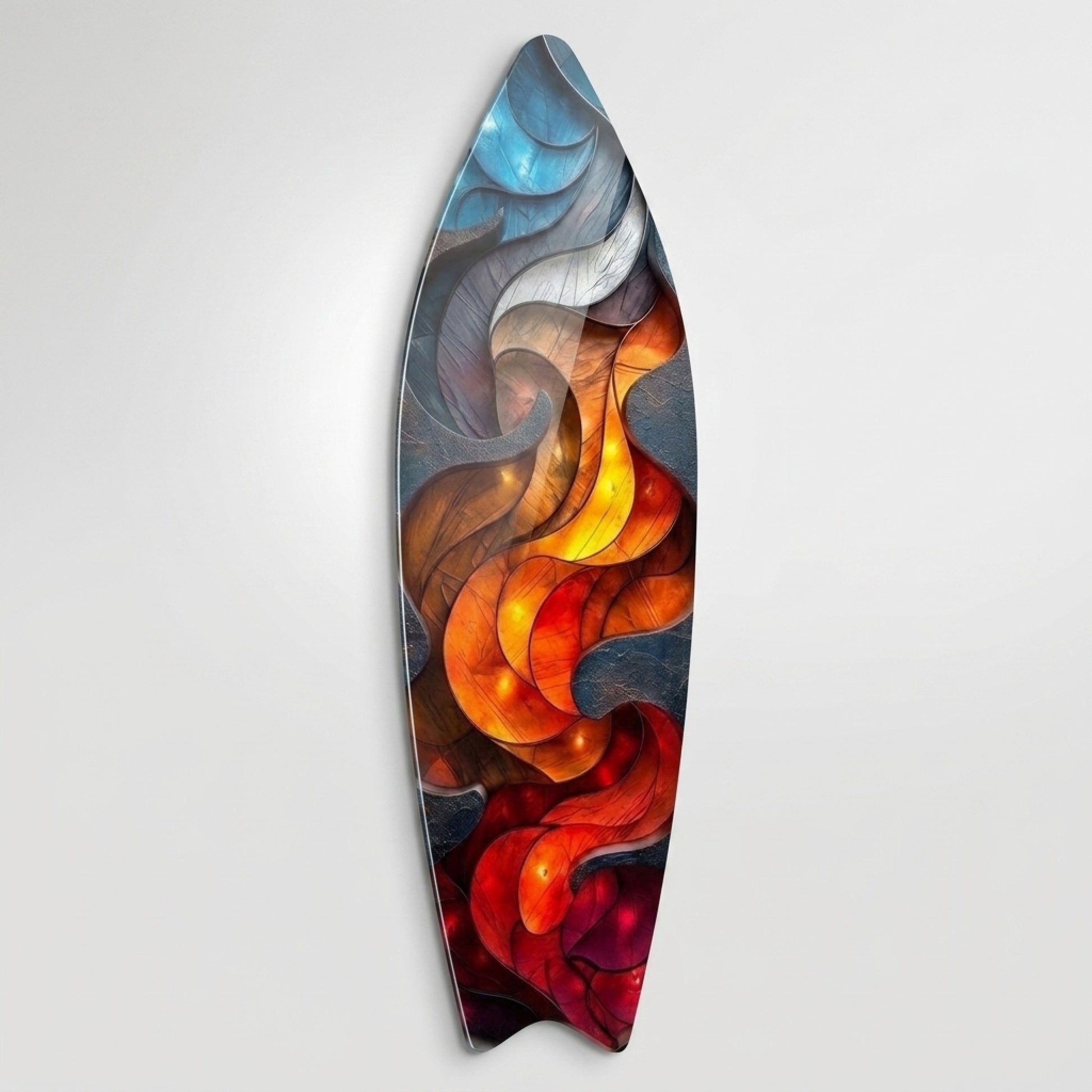Ateş ve Su Soyut Işıklı Kıvrımlar Surf Board Cam Tablo