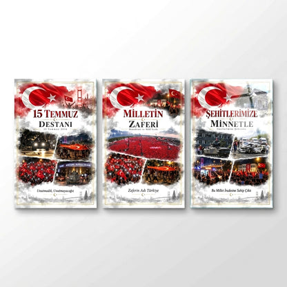 15 Temmuz Milli İrade Zaferi Dikey 3'lü Set Cam Tablo