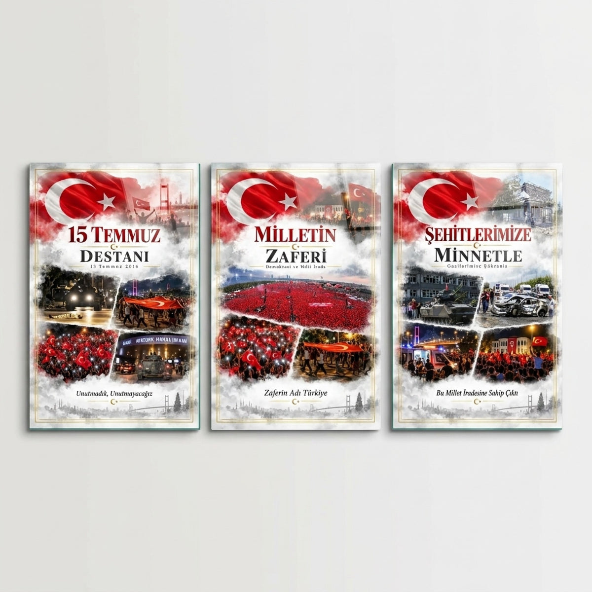 15 Temmuz Milli İrade Zaferi Dikey 3'lü Set Cam Tablo