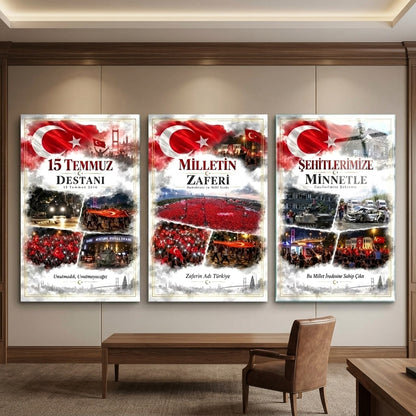 15 Temmuz Milli İrade Zaferi Dikey 3'lü Set Cam Tablo