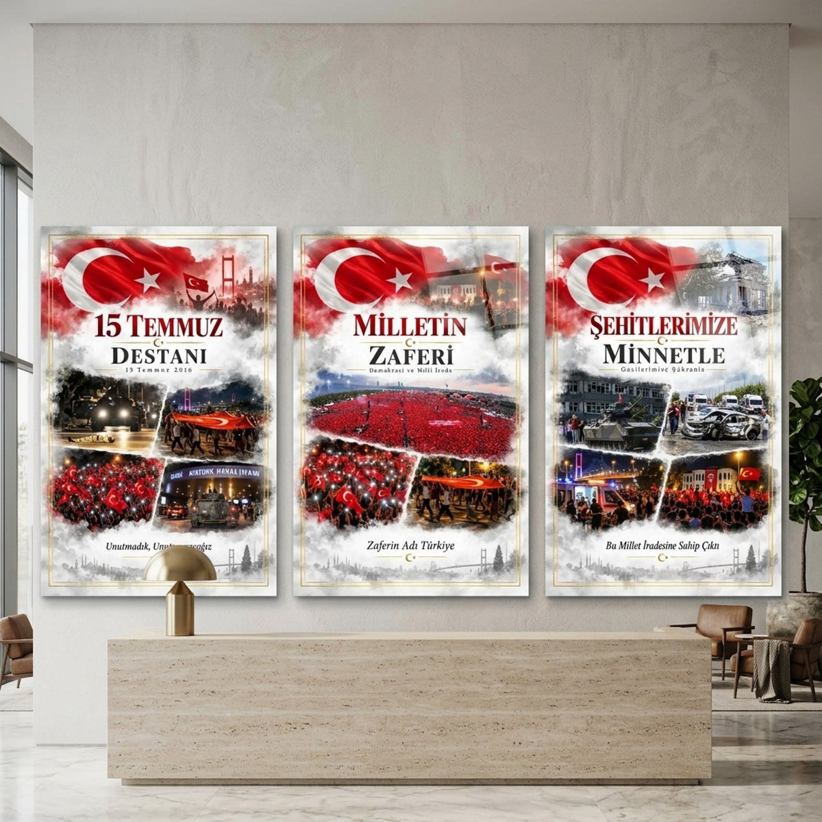 15 Temmuz Milli İrade Zaferi Dikey 3'lü Set Cam Tablo