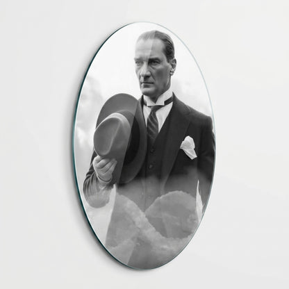 Mustafa Kemal Atatürk Şapkalı Siyah Beyaz Portre Oval Dikey Cam Tablo
