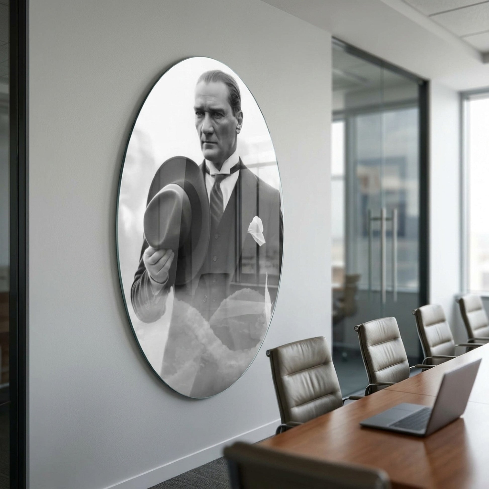 Mustafa Kemal Atatürk Şapkalı Siyah Beyaz Portre Oval Dikey Cam Tablo