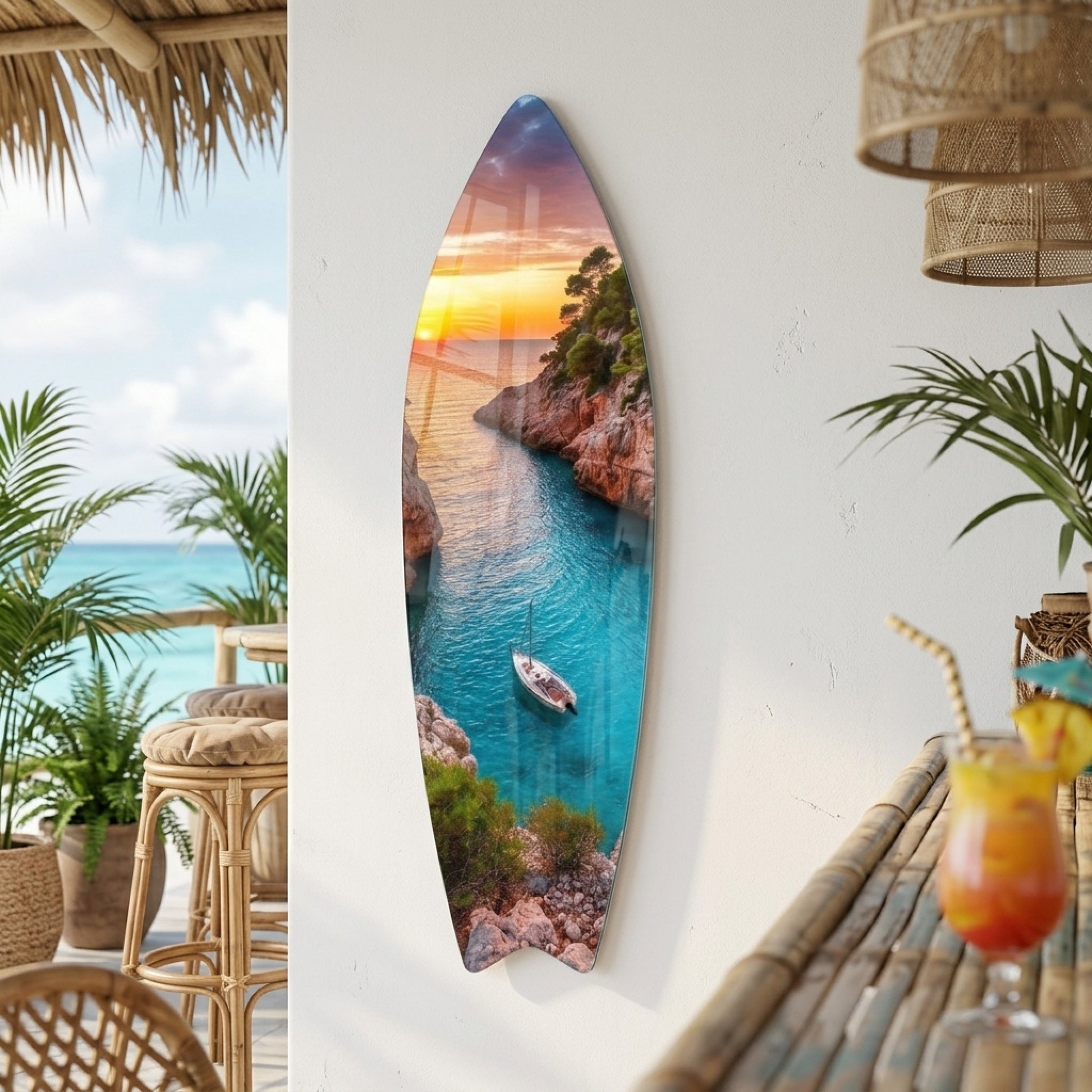 Koyda Demirli Tekne ve Gün Batımı Manzarası Surf Board Cam Tablo
