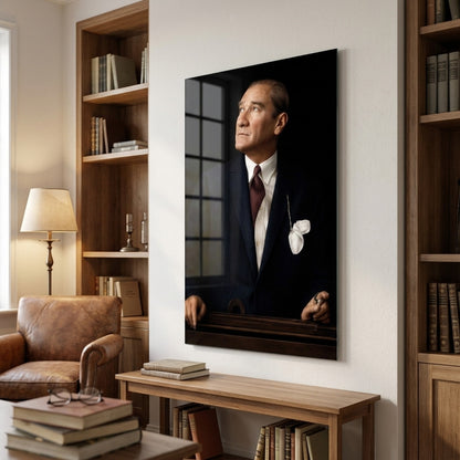 Gazi Mustafa Kemal Atatürk Portresi Lacivert Takım Dikey Cam Tablo