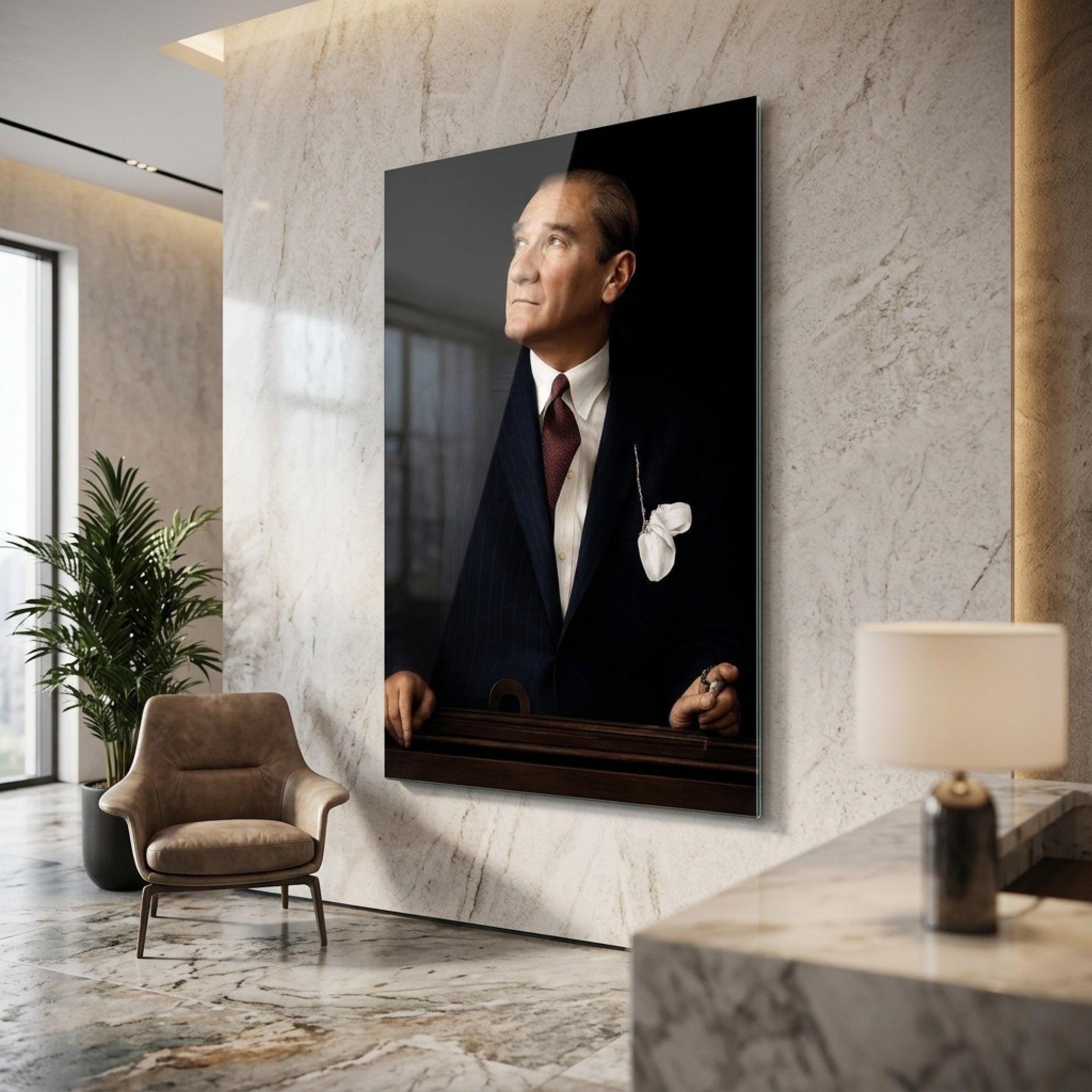 Gazi Mustafa Kemal Atatürk Portresi Lacivert Takım Dikey Cam Tablo