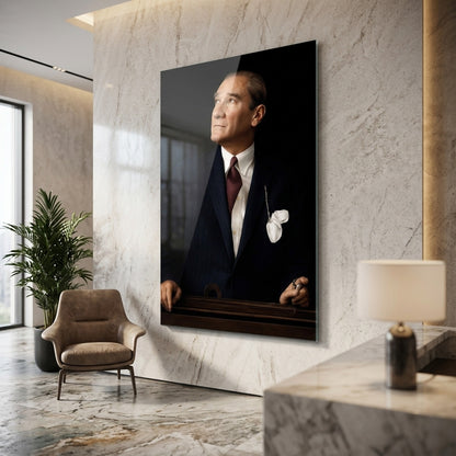 Gazi Mustafa Kemal Atatürk Portresi Lacivert Takım Dikey Cam Tablo