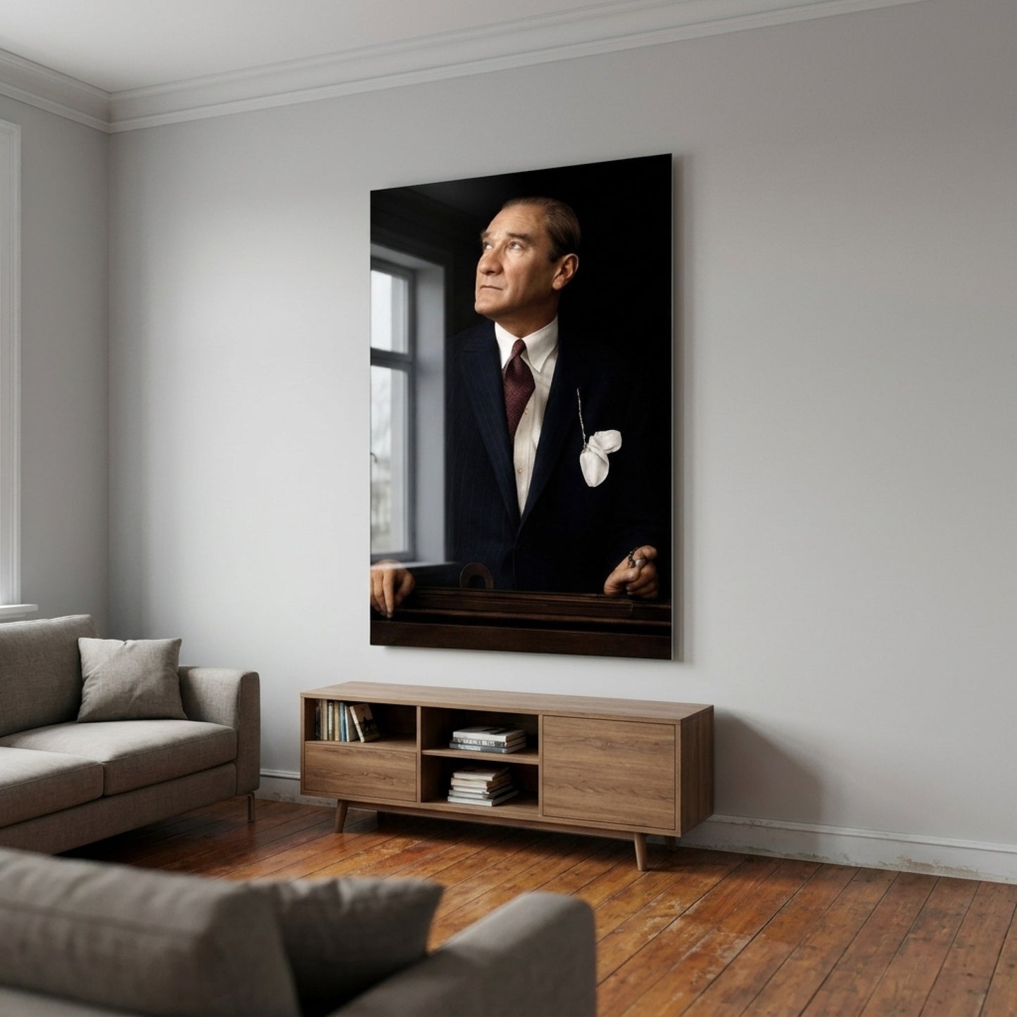Gazi Mustafa Kemal Atatürk Portresi Lacivert Takım Dikey Cam Tablo