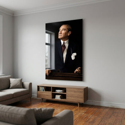 Gazi Mustafa Kemal Atatürk Portresi Lacivert Takım Dikey Cam Tablo