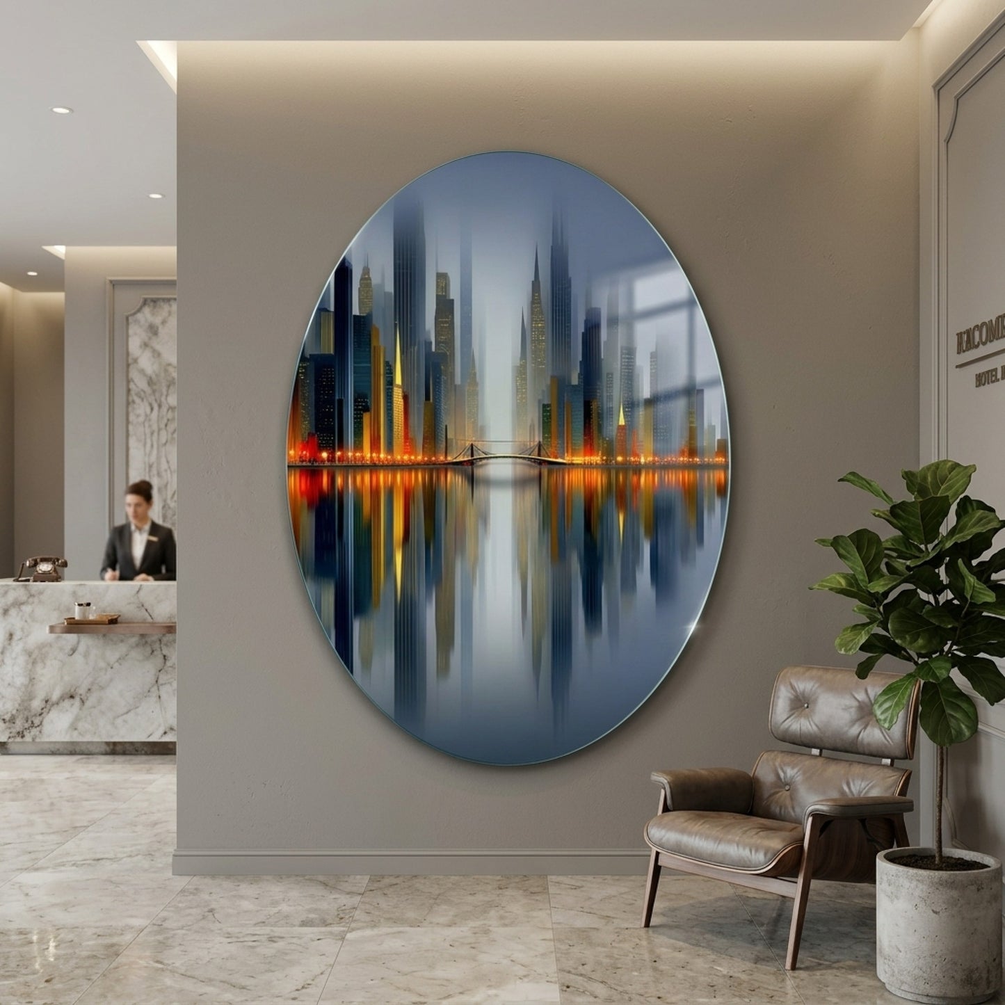 Modern Gece Şehir Manzarası Oval Oval Dikey Cam Tablo