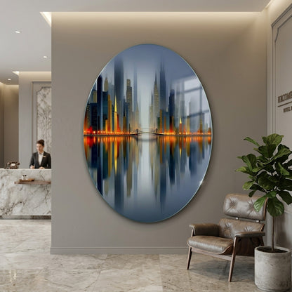 Modern Gece Şehir Manzarası Oval Oval Dikey Cam Tablo