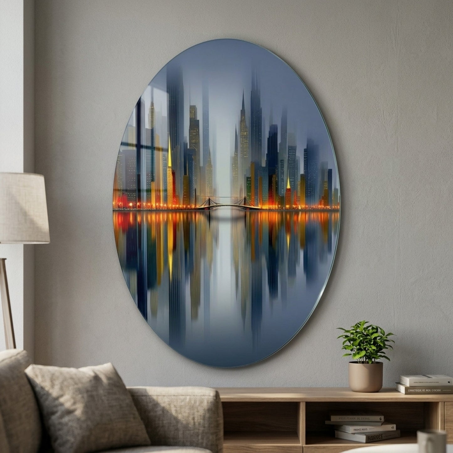 Modern Gece Şehir Manzarası Oval Oval Dikey Cam Tablo