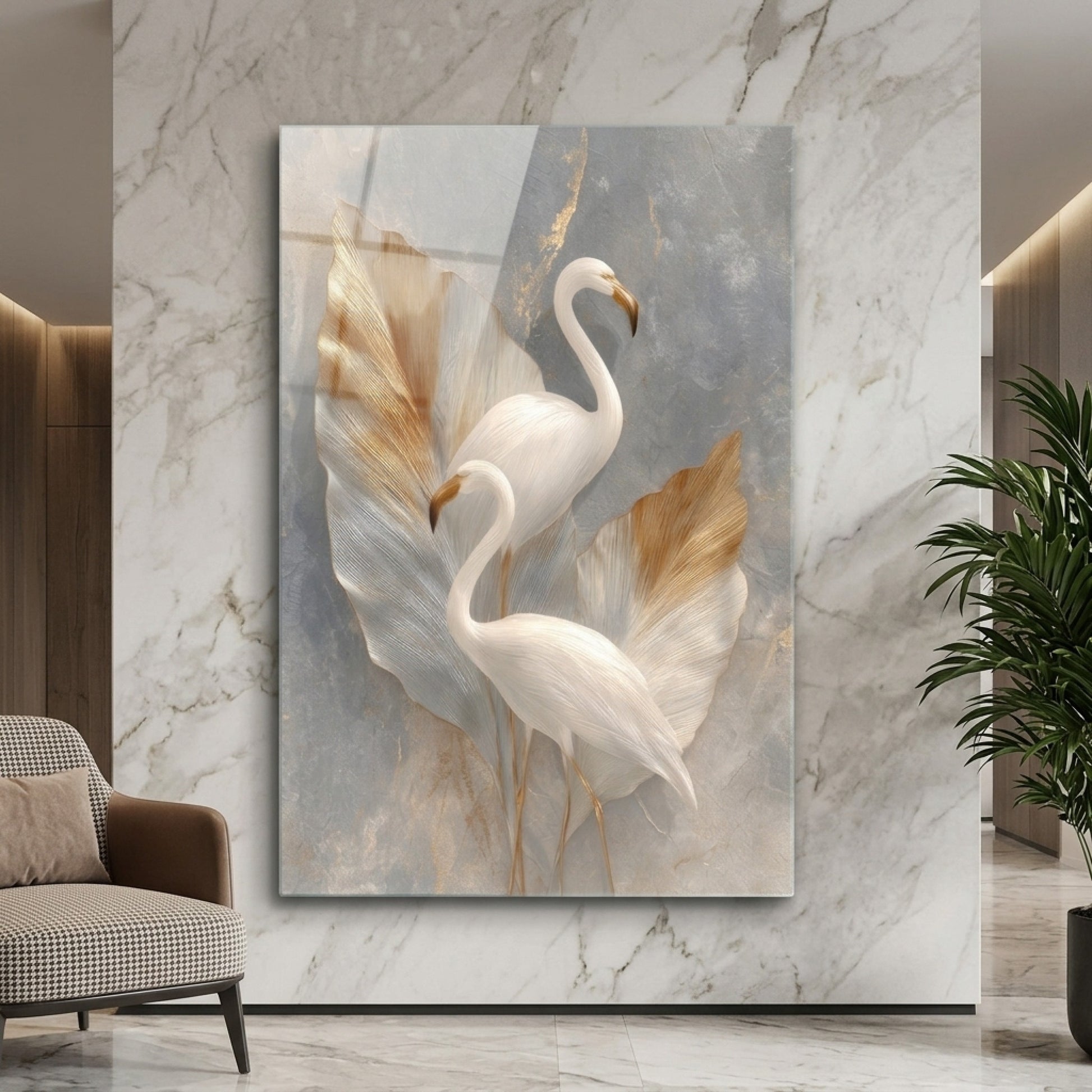 Modern Altın Detaylı Beyaz Flamingo Dikey Cam Tablo